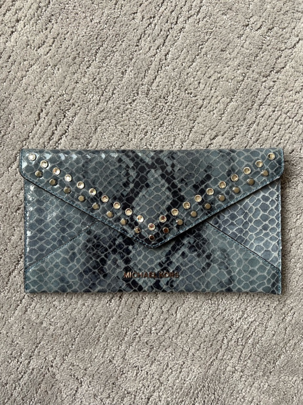 Michael Kors Blue Snakeskin Studded Envelope Clutch